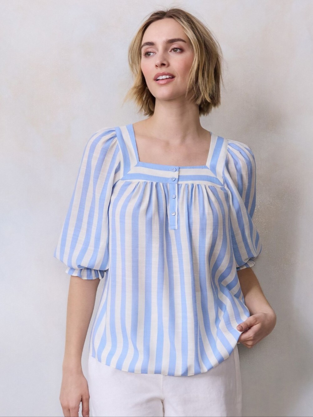 LC Lauren Conrad Henley Puff Sleeve Peasant Top